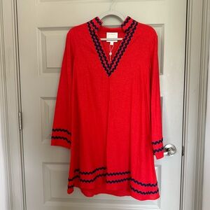 NWT Sail to Sable Red Ric Rac v-neck Tunic Dress with Navy Trim